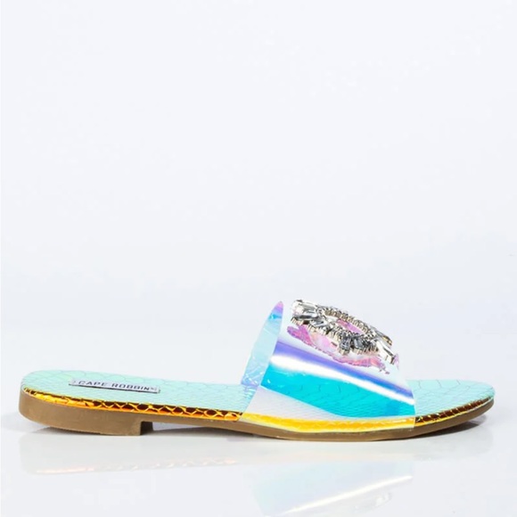CAPE ROBBIN Frozen Sandal in Mermaid. Iridescent Holographic PVC w/ Crystal New - Picture 2 of 6